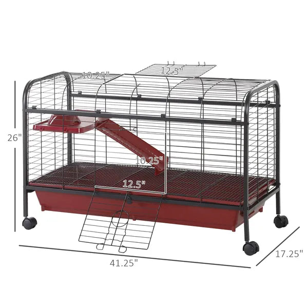 41"L Small Animal Cage, Rabbit Guinea Pig Hutch, Ferret Pet Play House with Feeder, Rolling Wheels, Platform and Ramp, Red/Black - product image 3