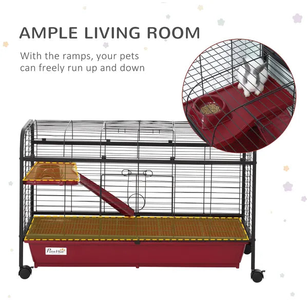 41"L Small Animal Cage, Rabbit Guinea Pig Hutch, Ferret Pet Play House with Feeder, Rolling Wheels, Platform and Ramp, Red/Black - product image 4