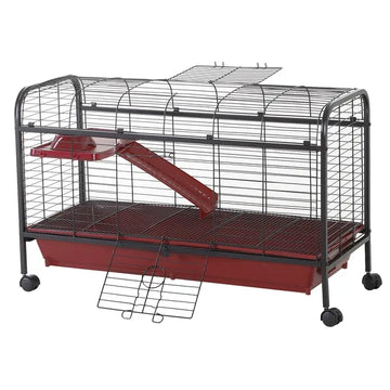 41"L Small Animal Cage, Rabbit Guinea Pig Hutch, Ferret Pet Play House with Feeder, Rolling Wheels, Platform and Ramp, Red/Black - product image 1