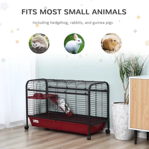 41"L Small Animal Cage, Rabbit Guinea Pig Hutch, Ferret Pet Play House with Feeder, Rolling Wheels, Platform and Ramp, Red/Black - product image 5