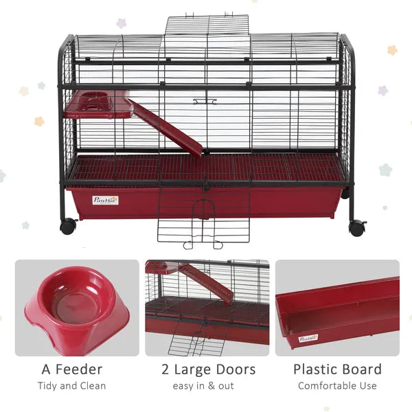 41"L Small Animal Cage, Rabbit Guinea Pig Hutch, Ferret Pet Play House with Feeder, Rolling Wheels, Platform and Ramp, Red/Black - product image 7