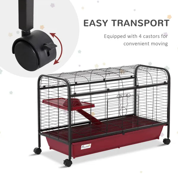 41"L Small Animal Cage, Rabbit Guinea Pig Hutch, Ferret Pet Play House with Feeder, Rolling Wheels, Platform and Ramp, Red/Black - product image 6