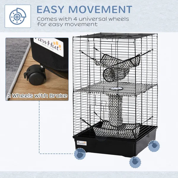 PawHut 42" Hamster Cage, Small Animal Cage Habitat for Ferret with Wheels, Hammocks, Tunnels and 3 Doors, Black - product image 5