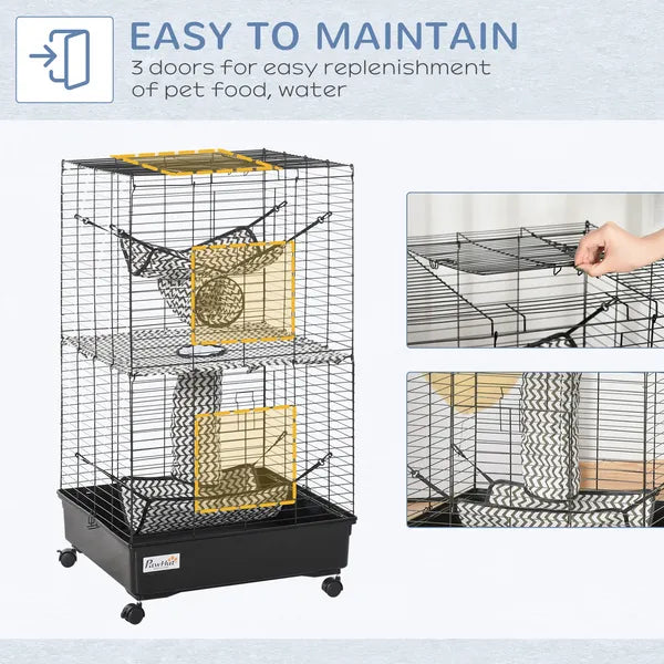 PawHut 42" Hamster Cage, Small Animal Cage Habitat for Ferret with Wheels, Hammocks, Tunnels and 3 Doors, Black - product image 6