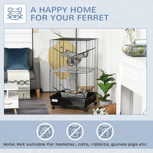 PawHut 42" Hamster Cage, Small Animal Cage Habitat for Ferret with Wheels, Hammocks, Tunnels and 3 Doors, Black - product image 4