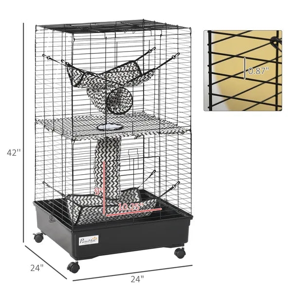 PawHut 42" Hamster Cage, Small Animal Cage Habitat for Ferret with Wheels, Hammocks, Tunnels and 3 Doors, Black - product image 3