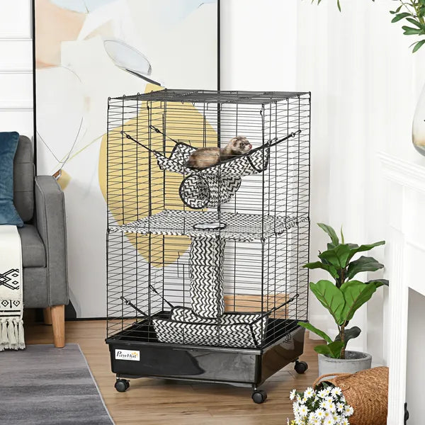 PawHut 42" Hamster Cage, Small Animal Cage Habitat for Ferret with Wheels, Hammocks, Tunnels and 3 Doors, Black - product image 2