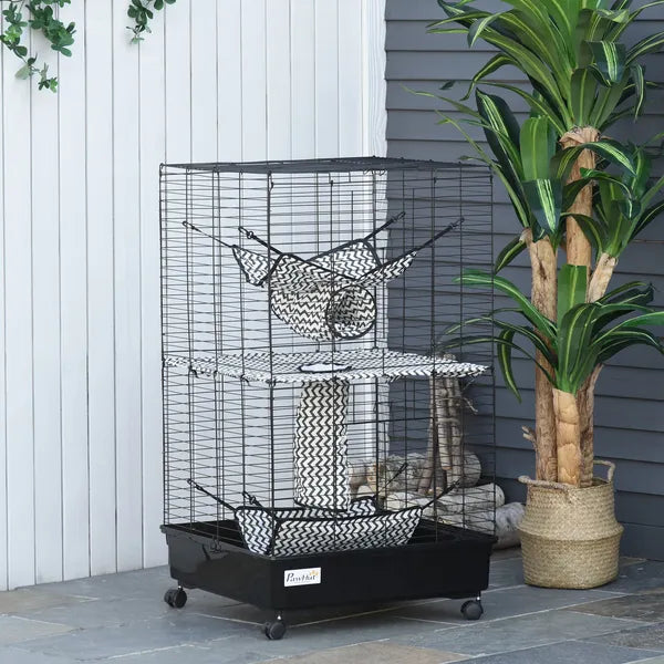 PawHut 42" Hamster Cage, Small Animal Cage Habitat for Ferret with Wheels, Hammocks, Tunnels and 3 Doors, Black - product image 8