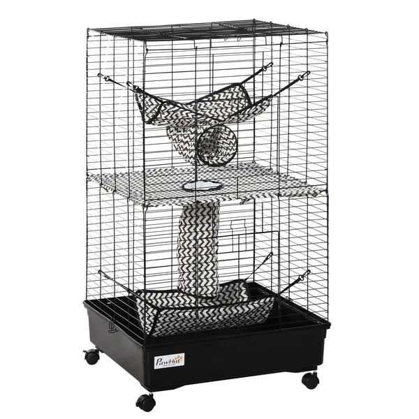 PawHut 42" Hamster Cage, Small Animal Cage Habitat for Ferret with Wheels, Hammocks, Tunnels and 3 Doors, Black - product image 1