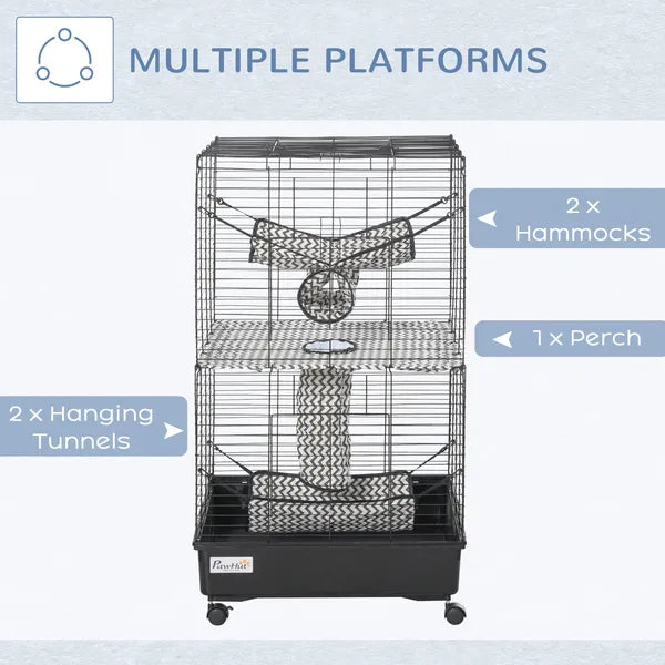 PawHut 42" Hamster Cage, Small Animal Cage Habitat for Ferret with Wheels, Hammocks, Tunnels and 3 Doors, Black - product image 7