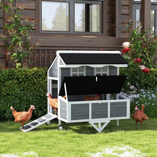 PawHut 43" Chicken Coop with Wheels, Chicken Tractor with Nesting Box, Windows, Pull-out Tray, Perches, for 2-4 Hens, Gray - product image 2