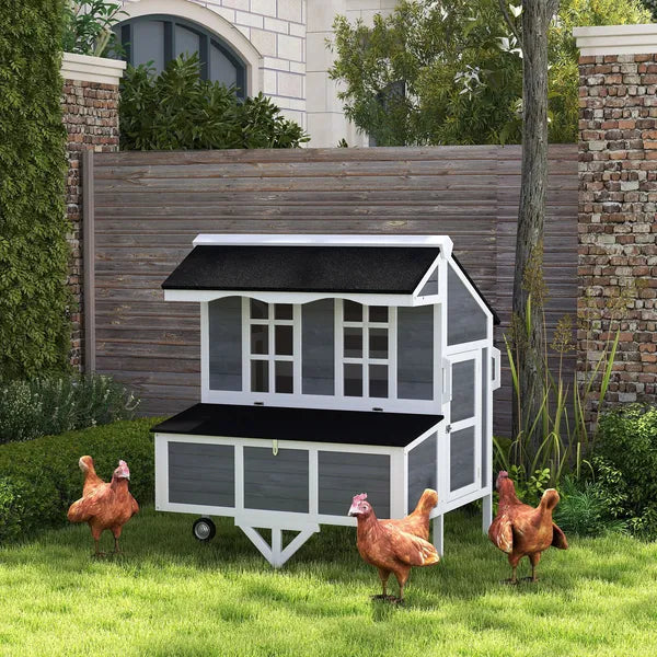PawHut 43" Chicken Coop with Wheels, Chicken Tractor with Nesting Box, Windows, Pull-out Tray, Perches, for 2-4 Hens, Gray - product image 10