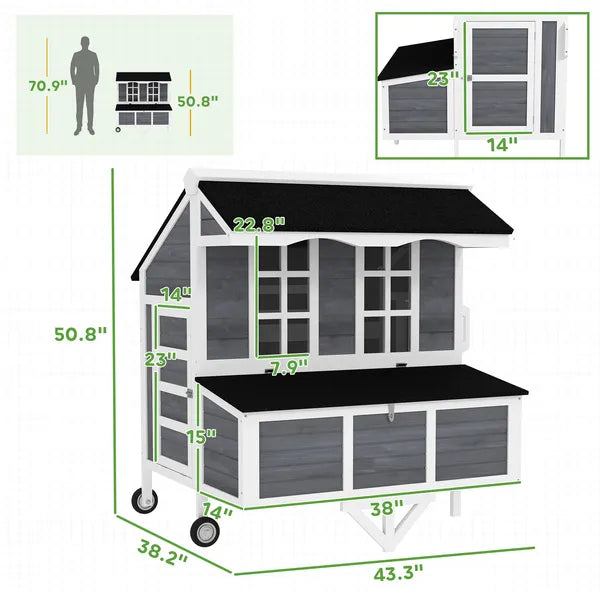 PawHut 43" Chicken Coop with Wheels, Chicken Tractor with Nesting Box, Windows, Pull-out Tray, Perches, for 2-4 Hens, Gray - product image 3