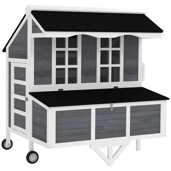 PawHut 43" Chicken Coop with Wheels, Chicken Tractor with Nesting Box, Windows, Pull-out Tray, Perches, for 2-4 Hens, Gray - product image 11