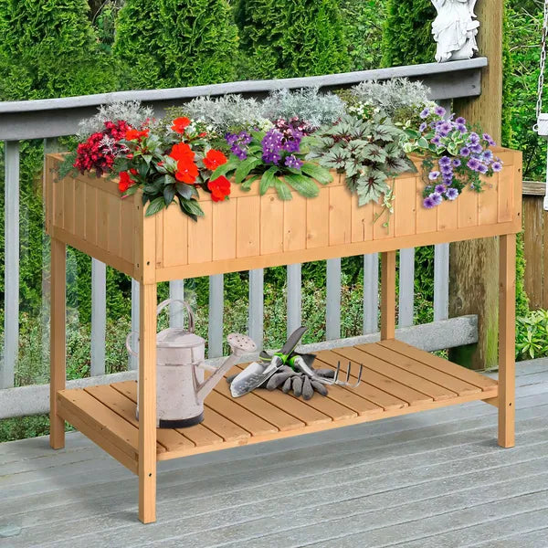 Outsunny 43x18x30in Raised Garden Bed with 8 Pockets and Shelf, Wooden Elevated Planter Box with Legs to Grow Herbs, Vegetables, and Flowers, Natural - product image 2