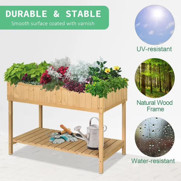 Outsunny 43x18x30in Raised Garden Bed with 8 Pockets and Shelf, Wooden Elevated Planter Box with Legs to Grow Herbs, Vegetables, and Flowers, Natural - product image 4