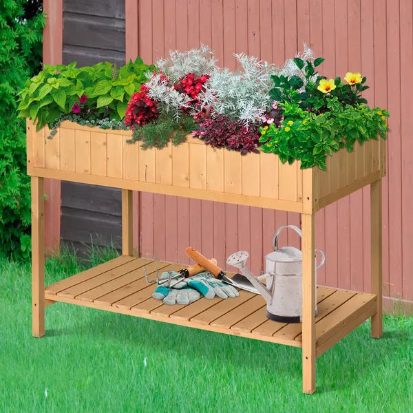 Outsunny 43x18x30in Raised Garden Bed with 8 Pockets and Shelf, Wooden Elevated Planter Box with Legs to Grow Herbs, Vegetables, and Flowers, Natural - product image 10