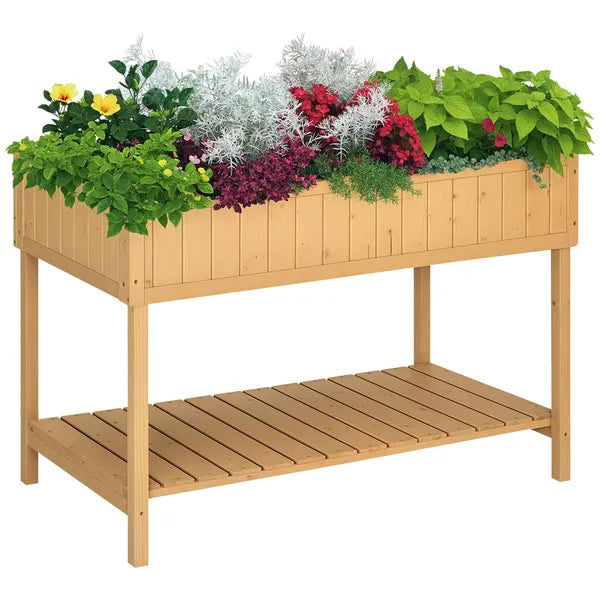 Outsunny 43x18x30in Raised Garden Bed with 8 Pockets and Shelf, Wooden Elevated Planter Box with Legs to Grow Herbs, Vegetables, and Flowers, Natural - product image 1