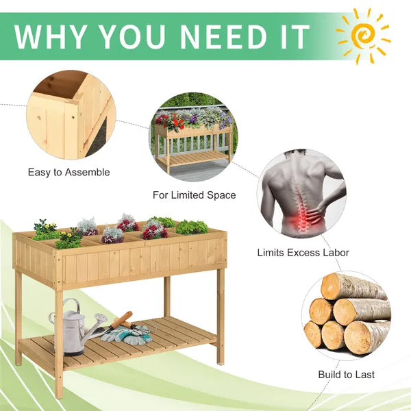 Outsunny 43x18x30in Raised Garden Bed with 8 Pockets and Shelf, Wooden Elevated Planter Box with Legs to Grow Herbs, Vegetables, and Flowers, Natural - product image 6