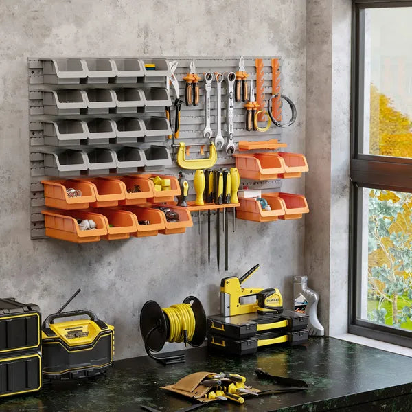 44 PCS Wall Mounted Pegboard Tool Organizer Rack Kit with Various Sized Storage Bins, Pegboard and Hooks, Orange - product image 10