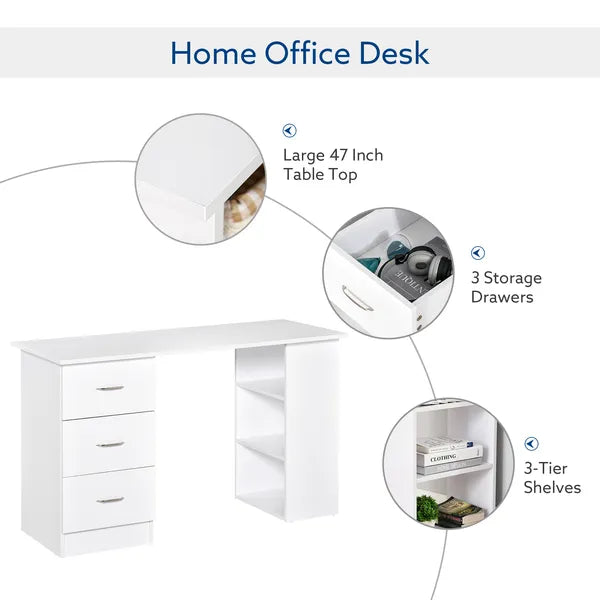 HOMCOM 47" Home Office Desk, Modern Desk with Storage with 3 Drawer and Storage Shelf, White - product image 4
