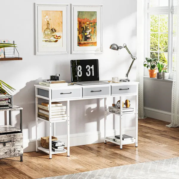 47" Small Computer Desk, Writing Desk with Fabric Drawers, Home Office Desk with Adjustable Shelves, White - product image 2