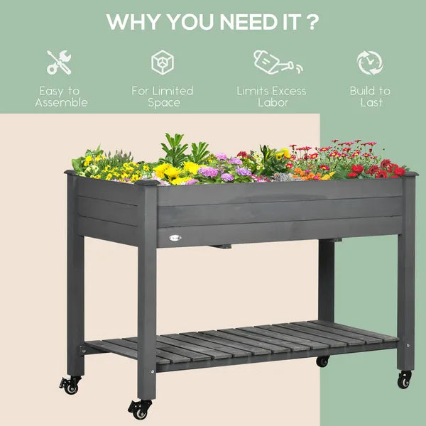47" x 21" Raised Garden Bed Elevated Wooden Planter Box w/ Lockable Wheels, Storage Shelf for Backyard, Dark Gray - product image 7
