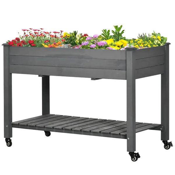 47" x 21" Raised Garden Bed Elevated Wooden Planter Box w/ Lockable Wheels, Storage Shelf for Backyard, Dark Gray - product image 11