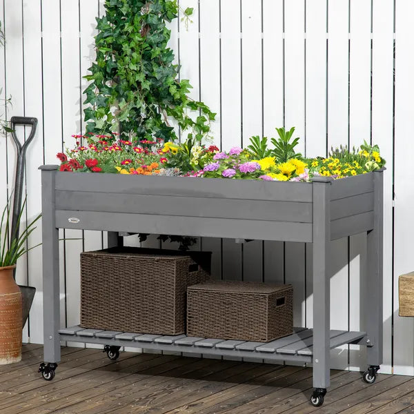 47" x 21" Raised Garden Bed Elevated Wooden Planter Box w/ Lockable Wheels, Storage Shelf for Backyard, Dark Gray - product image 10