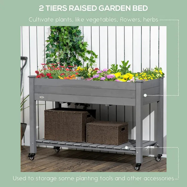 47" x 21" Raised Garden Bed Elevated Wooden Planter Box w/ Lockable Wheels, Storage Shelf for Backyard, Dark Gray - product image 4