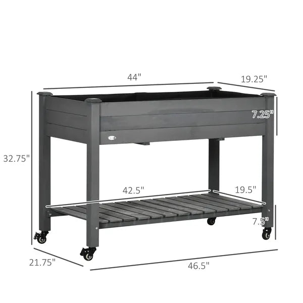 47" x 21" Raised Garden Bed Elevated Wooden Planter Box w/ Lockable Wheels, Storage Shelf for Backyard, Dark Gray - product image 3