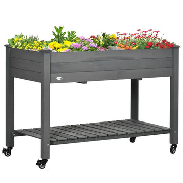 47" x 21" Raised Garden Bed Elevated Wooden Planter Box w/ Lockable Wheels, Storage Shelf for Backyard, Dark Gray - product image 1