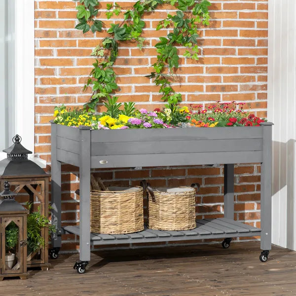 47" x 21" Raised Garden Bed Elevated Wooden Planter Box w/ Lockable Wheels, Storage Shelf for Backyard, Dark Gray - product image 2