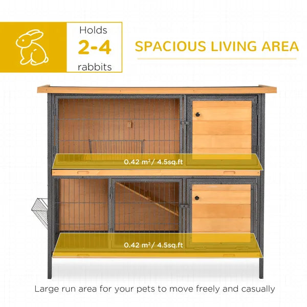 48 Inch 2 Level Wooden Rabbit Hutch with Ramp, Tray and Feeding Trough, Natural - product image 4