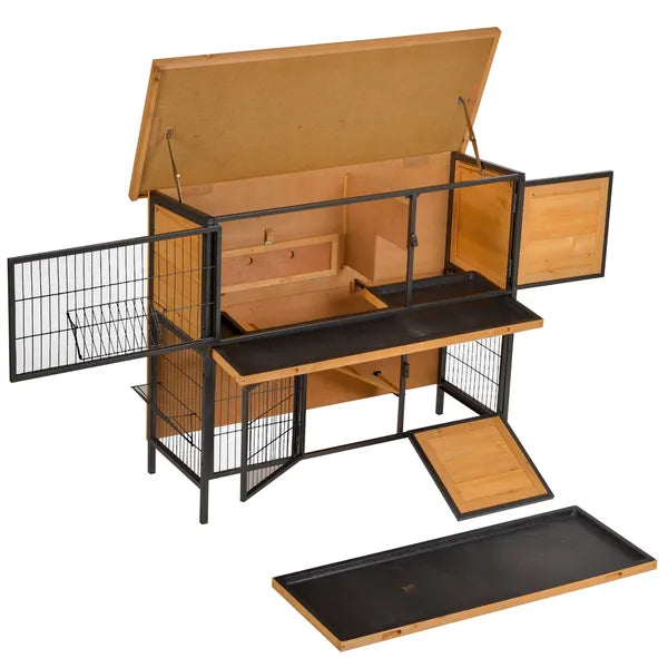 48 Inch 2 Level Wooden Rabbit Hutch with Ramp, Tray and Feeding Trough, Natural - product image 9