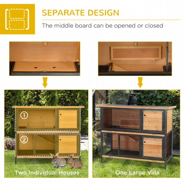 48 Inch 2 Level Wooden Rabbit Hutch with Ramp, Tray and Feeding Trough, Natural - product image 5