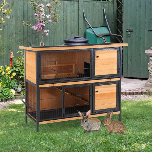 48 Inch 2 Level Wooden Rabbit Hutch with Ramp, Tray and Feeding Trough, Natural - product image 2