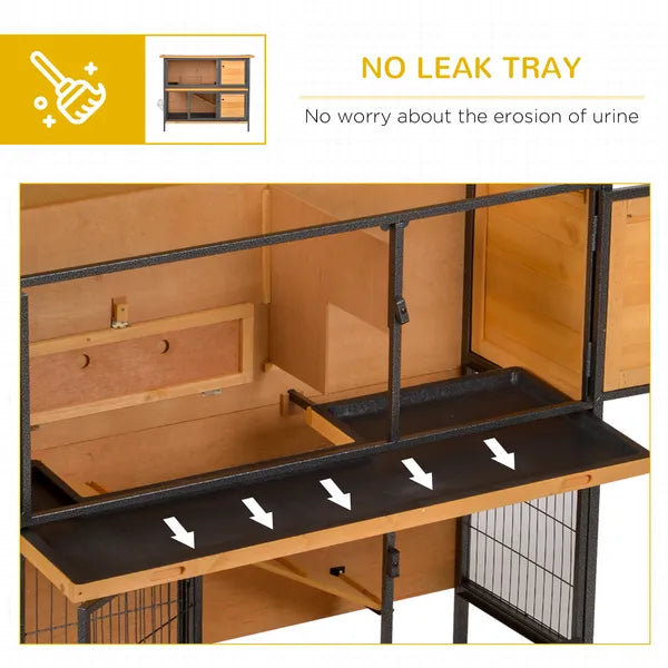 48 Inch 2 Level Wooden Rabbit Hutch with Ramp, Tray and Feeding Trough, Natural - product image 6
