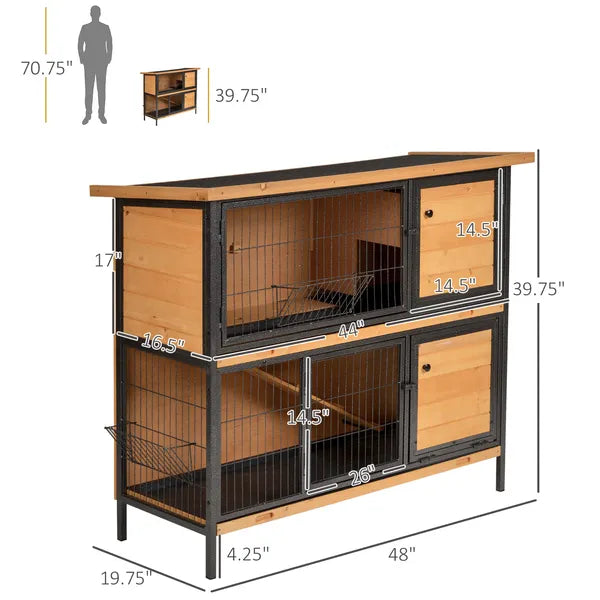 48 Inch 2 Level Wooden Rabbit Hutch with Ramp, Tray and Feeding Trough, Natural - product image 3