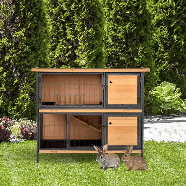 48 Inch 2 Level Wooden Rabbit Hutch with Ramp, Tray and Feeding Trough, Natural - product image 10