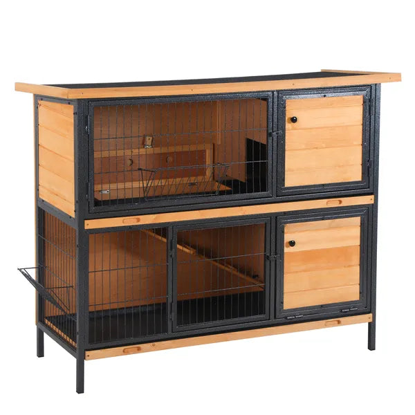 48 Inch 2 Level Wooden Rabbit Hutch with Ramp, Tray and Feeding Trough, Natural - product image 1