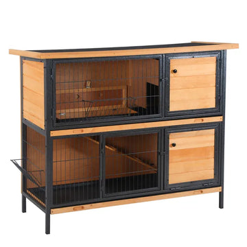 48 Inch 2 Level Wooden Rabbit Hutch with Ramp, Tray and Feeding Trough, Natural - product image 1
