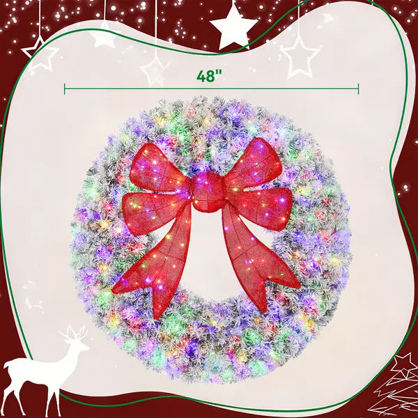 HOMCOM 48in Flocked Pre-Lit Christmas Wreath with 3D Red Bow, 11 Lighting Modes, Front Door Christmas Wreath with Remote - product image 3