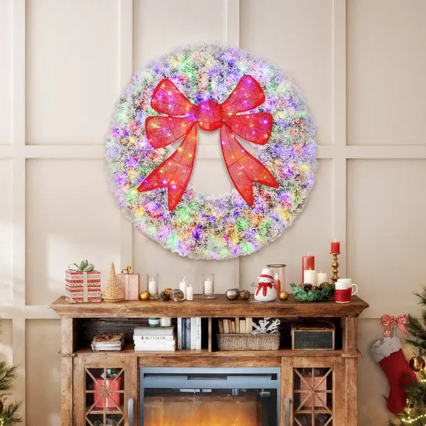HOMCOM 48in Flocked Pre-Lit Christmas Wreath with 3D Red Bow, 11 Lighting Modes, Front Door Christmas Wreath with Remote - product image 2