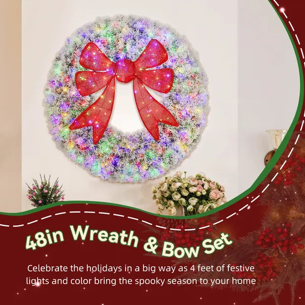 HOMCOM 48in Flocked Pre-Lit Christmas Wreath with 3D Red Bow, 11 Lighting Modes, Front Door Christmas Wreath with Remote - product image 4