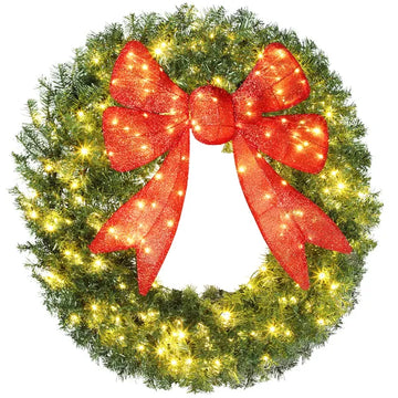 HOMCOM 48in Pre-Lit Christmas Wreath with 3D Red Bow, 11 Lighting Modes, Front Door Christmas Wreath with Remote - product image 1