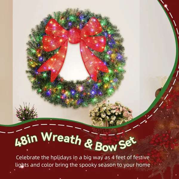 HOMCOM 48in Pre-Lit Christmas Wreath with 3D Red Bow, 11 Lighting Modes, Front Door Christmas Wreath with Remote - product image 4