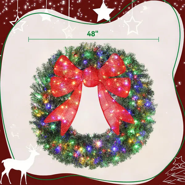 HOMCOM 48in Pre-Lit Christmas Wreath with 3D Red Bow, 11 Lighting Modes, Front Door Christmas Wreath with Remote - product image 3