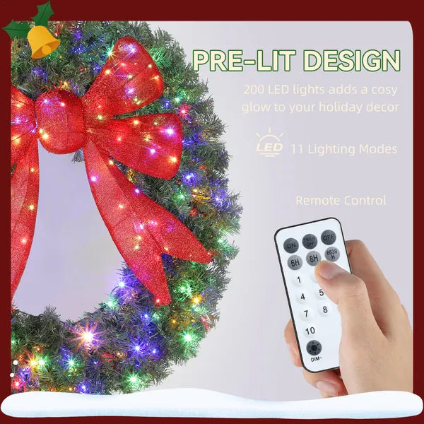 HOMCOM 48in Pre-Lit Christmas Wreath with 3D Red Bow, 11 Lighting Modes, Front Door Christmas Wreath with Remote - product image 5