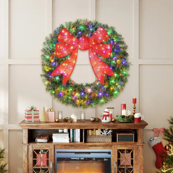 HOMCOM 48in Pre-Lit Christmas Wreath with 3D Red Bow, 11 Lighting Modes, Front Door Christmas Wreath with Remote - product image 2